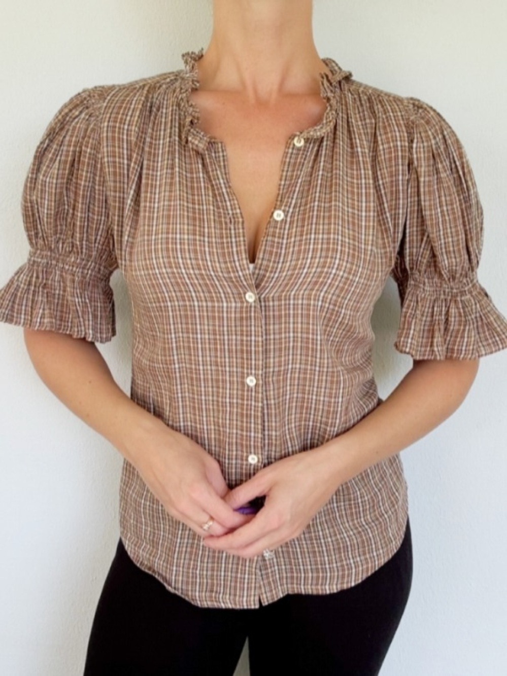 Masscob Brown Plaid Fluid Ruffle Collar Puff Sleeve Blouse Top size XS